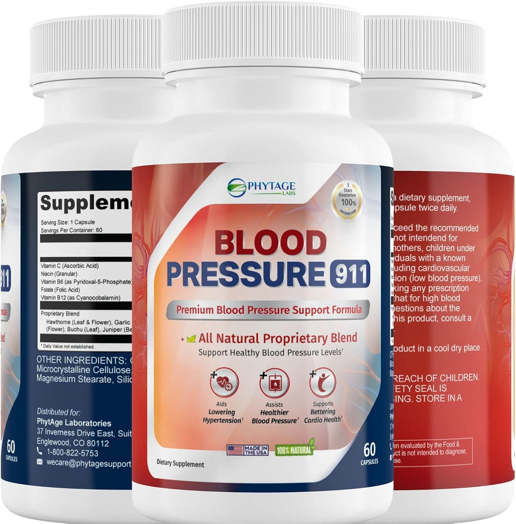 Blood Pressure 911 – Suplemento para el Apoyo de la Presión Arterial – Fórmula Natural con Espino Blanco, Olivo y Vitamina B12 – 60 Cápsulas