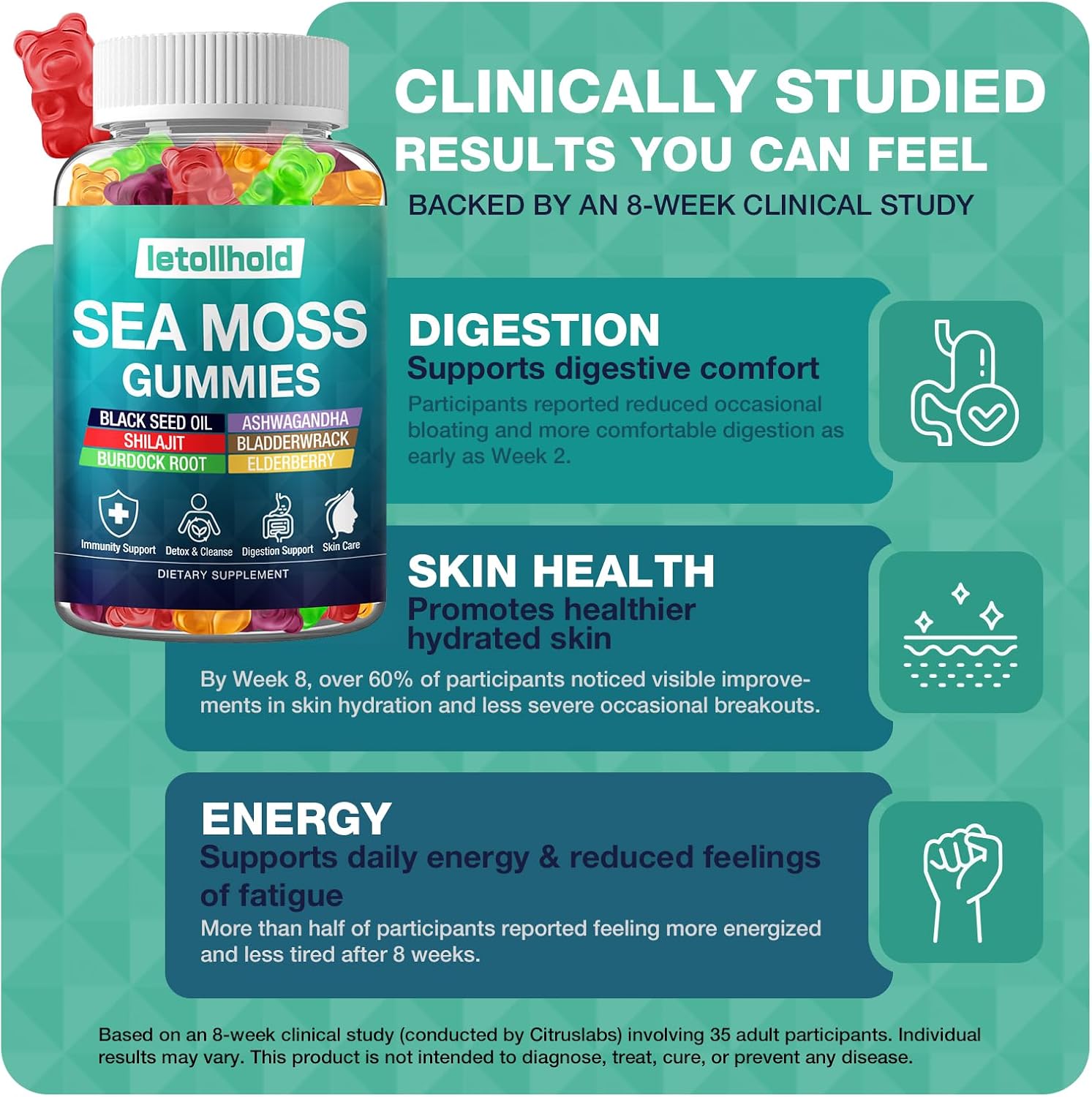 Sea Moss Gummies con Ashwagandha, Bladderwrack y Burdock Root - 60 Gominolas Veganas (2 Envases)