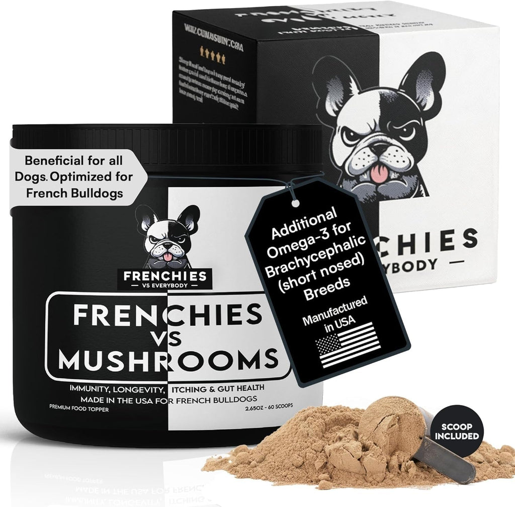 Frenchies vs Mushrooms - Turkey Tail Mushroom for Dogs, Omega-3 & Turmeric | Immune support Mushroom Supplement For Dogs. Helps with digestion, allergies, longevity, lumps & bumps. Frenchie optimized.