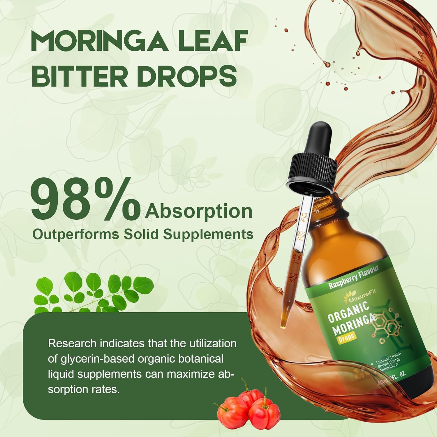 MaxuraFit Moringa Leaf Drops with Vitamin C, Extracto Líquido de Moringa Oleifera con Vitamina C, 60 ml (2 fl oz)