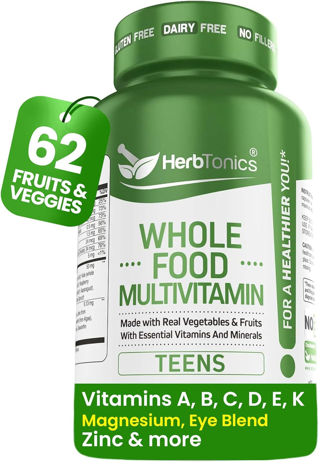 Herbtonics Whole Food Teen Vitamins - Multivitamínico para Adolescentes 12-18 Años - 60 Cápsulas Veganas