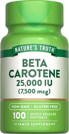 Nature's Truth Betacaroteno 25000 UI Cápsulas Blandas - 100 Unidades - Complemento de Vitamina A - Sin OMG y Sin Gluten
