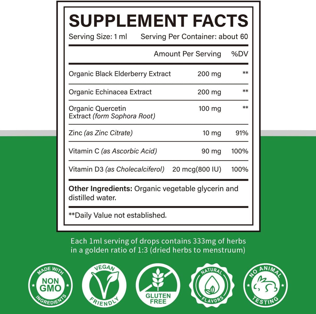 Cofure Zinc Quercetin Vitamina C D3 Líquido con Equinácea y Saúco Ecológicos – Gotas de Defensas para Adultos – Vegano, Sin Gluten – 60 ml (60 dosis)
