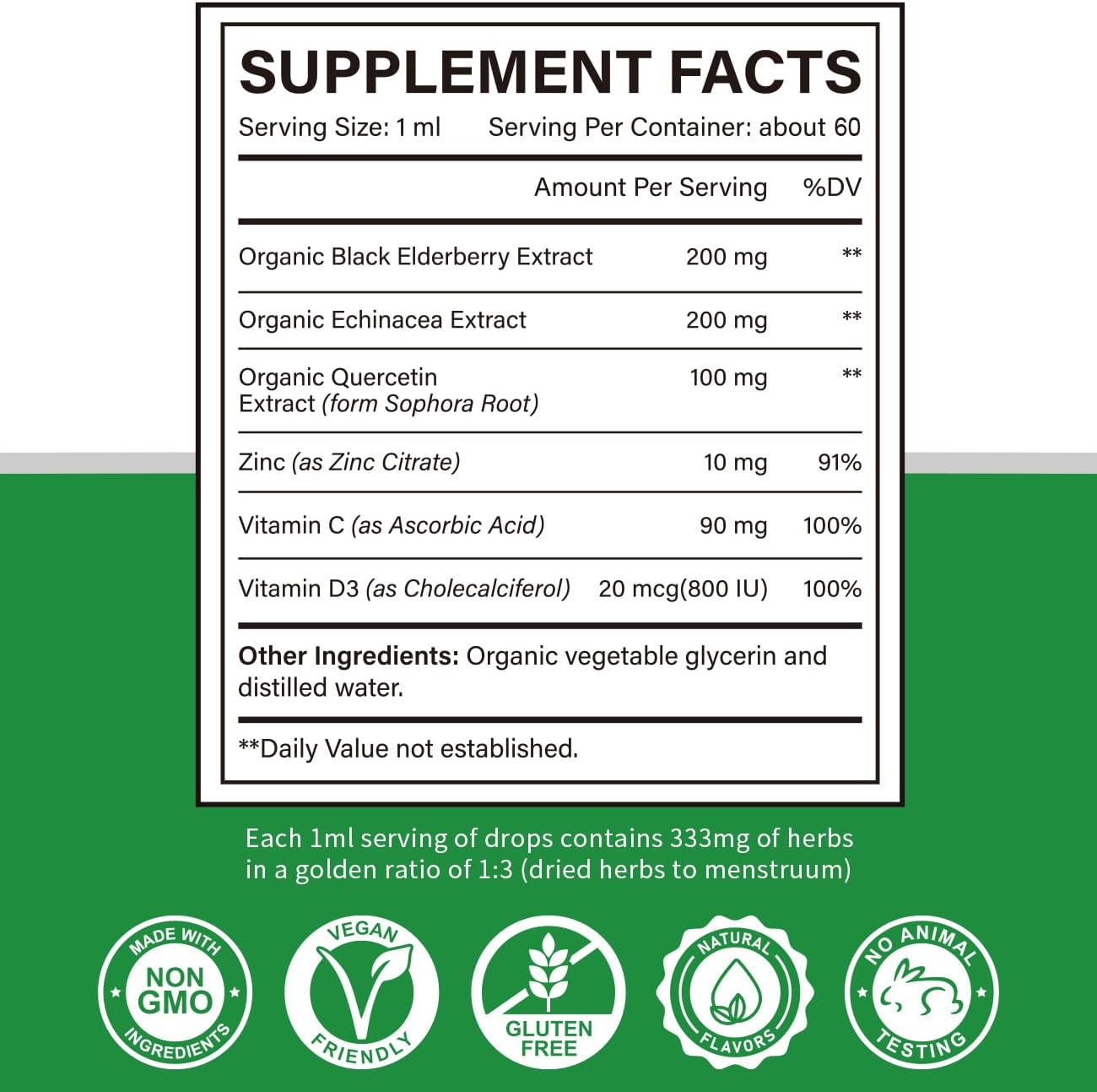 Cofure Zinc Quercetin Vitamina C D3 Líquido con Equinácea y Saúco Ecológicos – Gotas de Defensas para Adultos – Vegano, Sin Gluten – 60 ml (60 dosis)