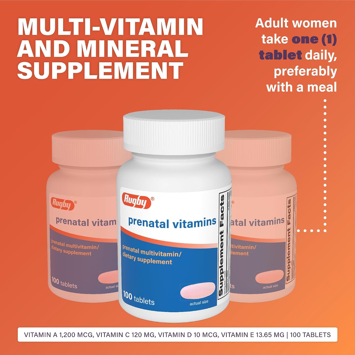 Rugby Prenatal Vitamins - Suplemento Multivitamínico y Mineral - 100 Tabletas (Pack de 3)