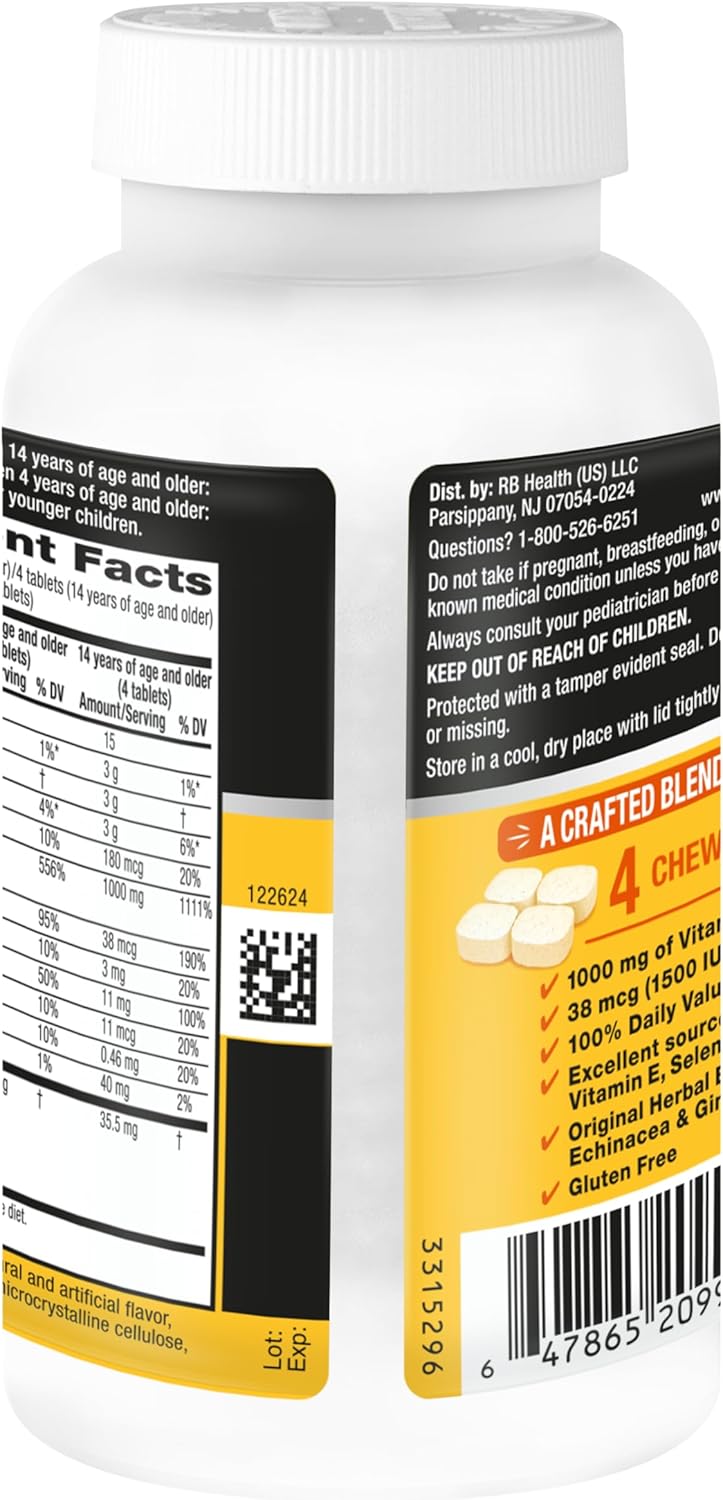 Airborne 1000mg Vitamina C + Zinc Complemento Alimenticio, Comprimidos Masticables Sabor Cítricos, 116 Comprimidos (2 Envases)