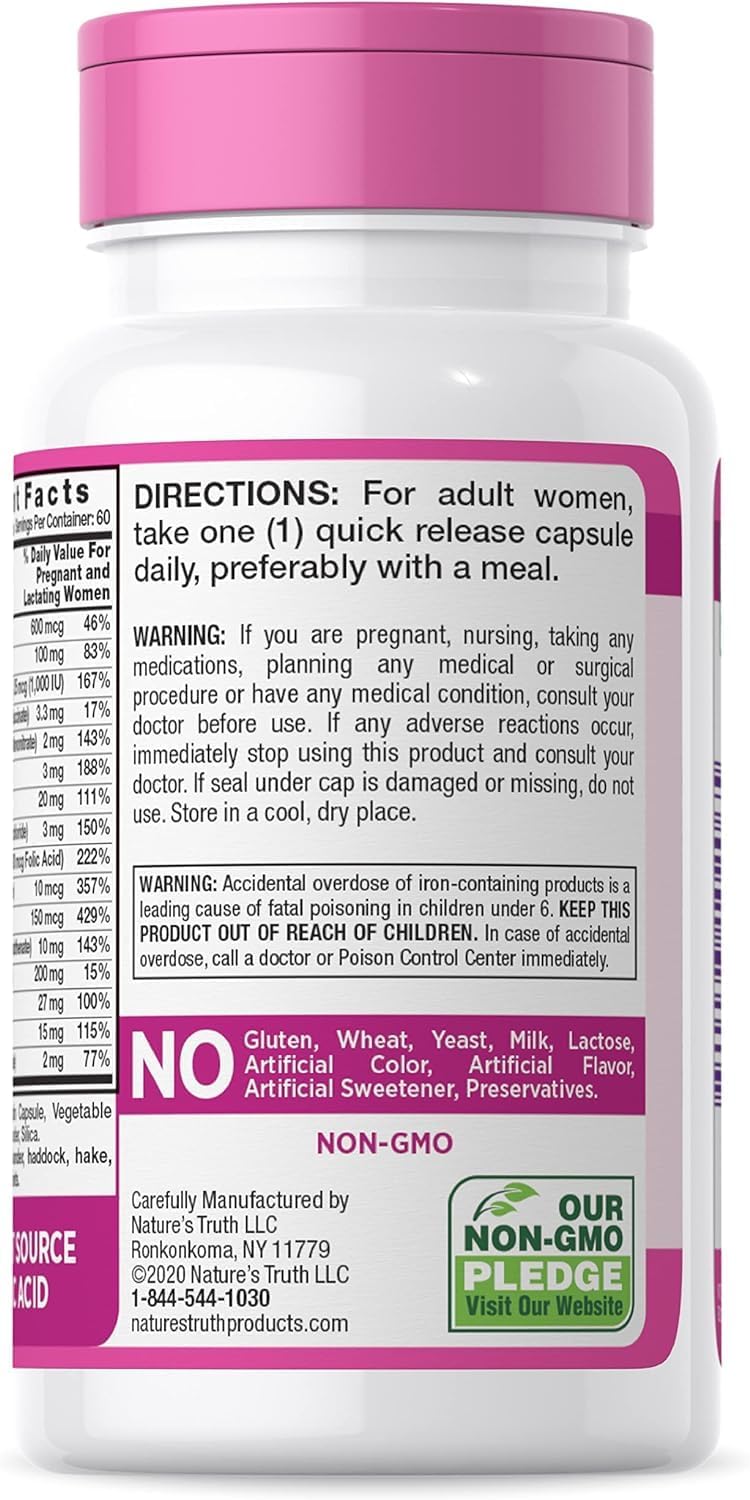 Vitaminas Prenatales con Ácido Fólico | 60 Cápsulas | Sin Gluten y No-GMO | Nature's Truth | Pack de 2