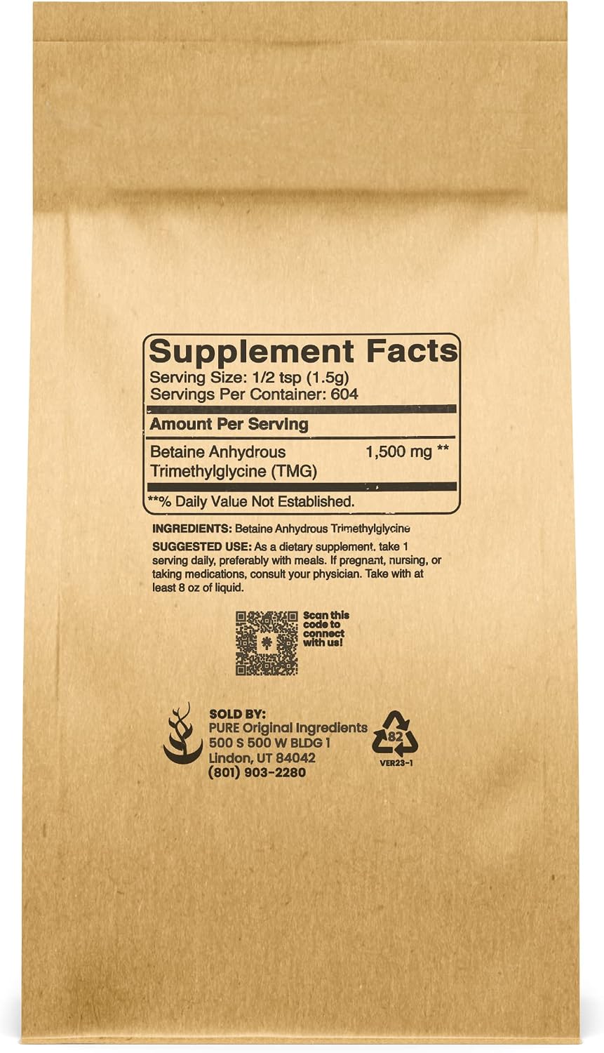 PURE ORIGINAL INGREDIENTS Trimetilglicina (TMG) en Polvo - 907 g (2 lb) - Vegano y Sin Gluten