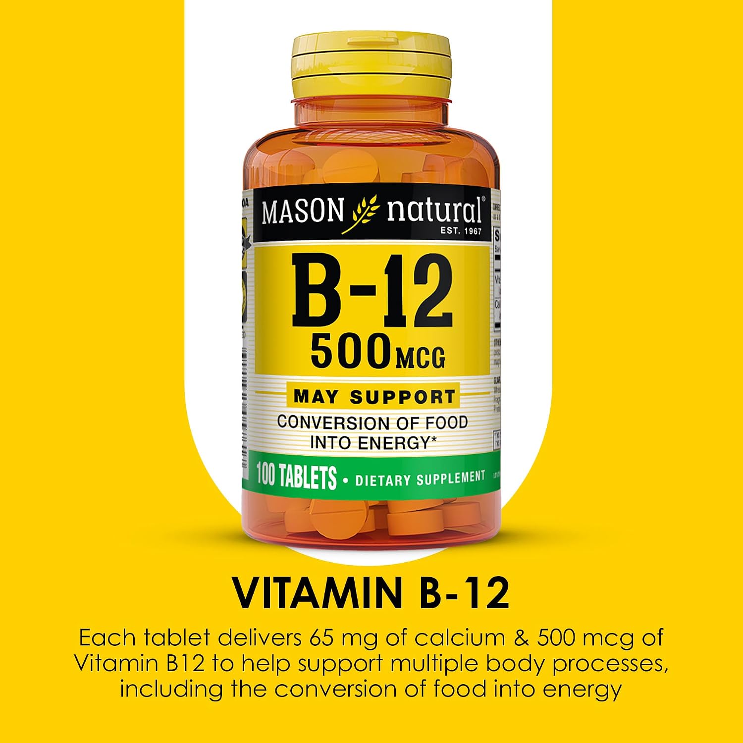 MASON NATURAL Vitamina B12 500 mcg con Calcio, 100 Comprimidos (Pack de 3)