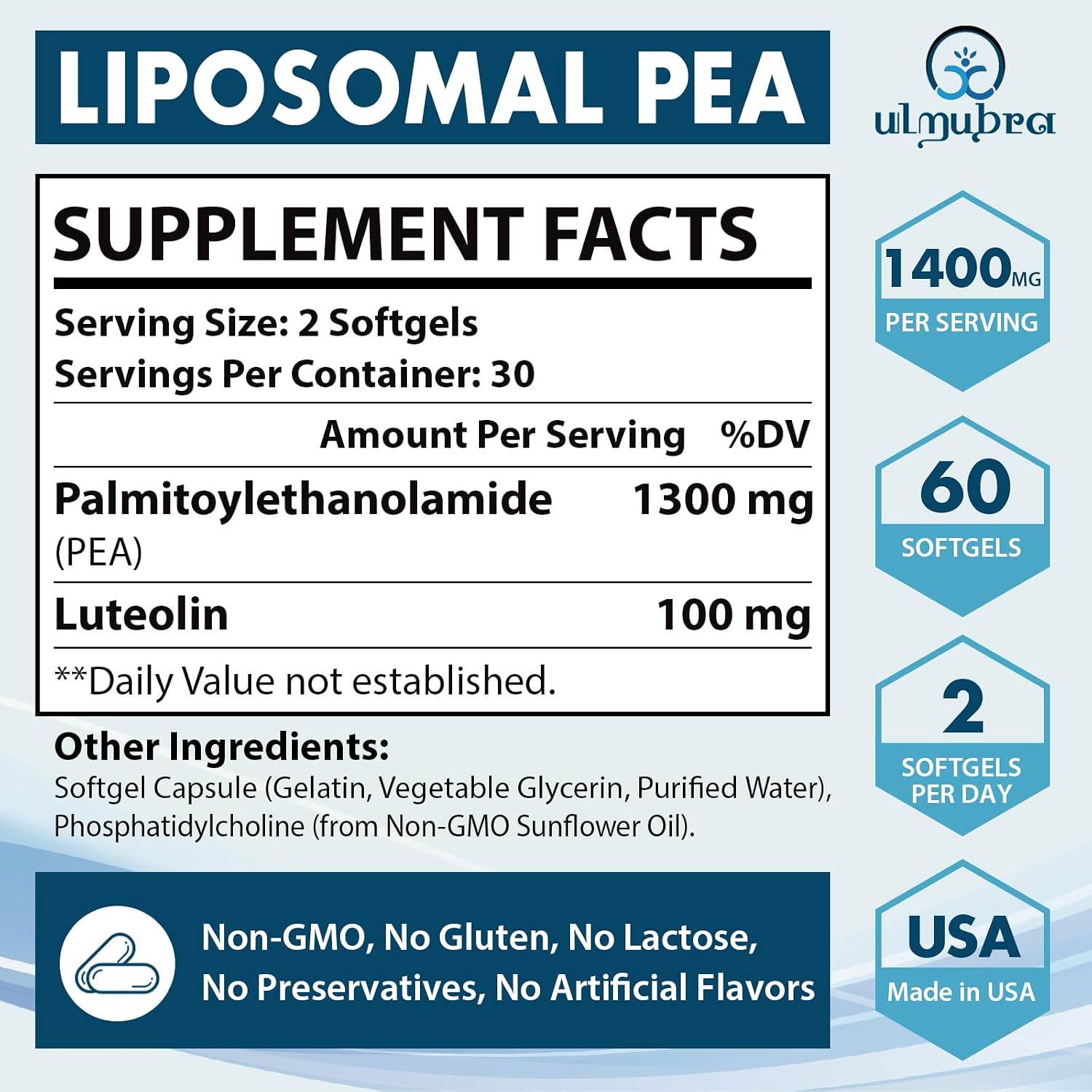 Ulmubra Palmitoiletanolamida Liposomal 1300 mg + Luteolina 100 mg, 60 Cápsulas Blandas