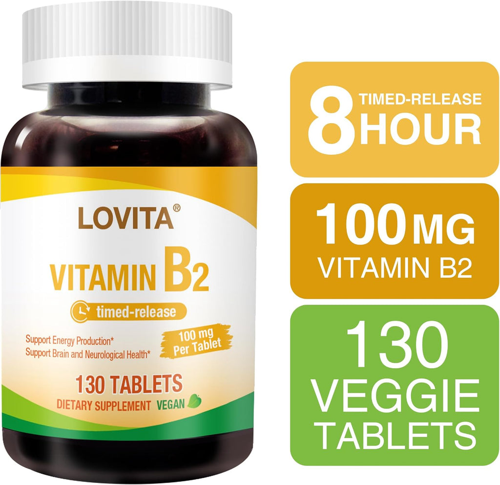 LOVITA Vitamina B2 (Riboflavina) 100 mg, Liberación Sostenida 8 Horas, 130 Comprimidos Veganos