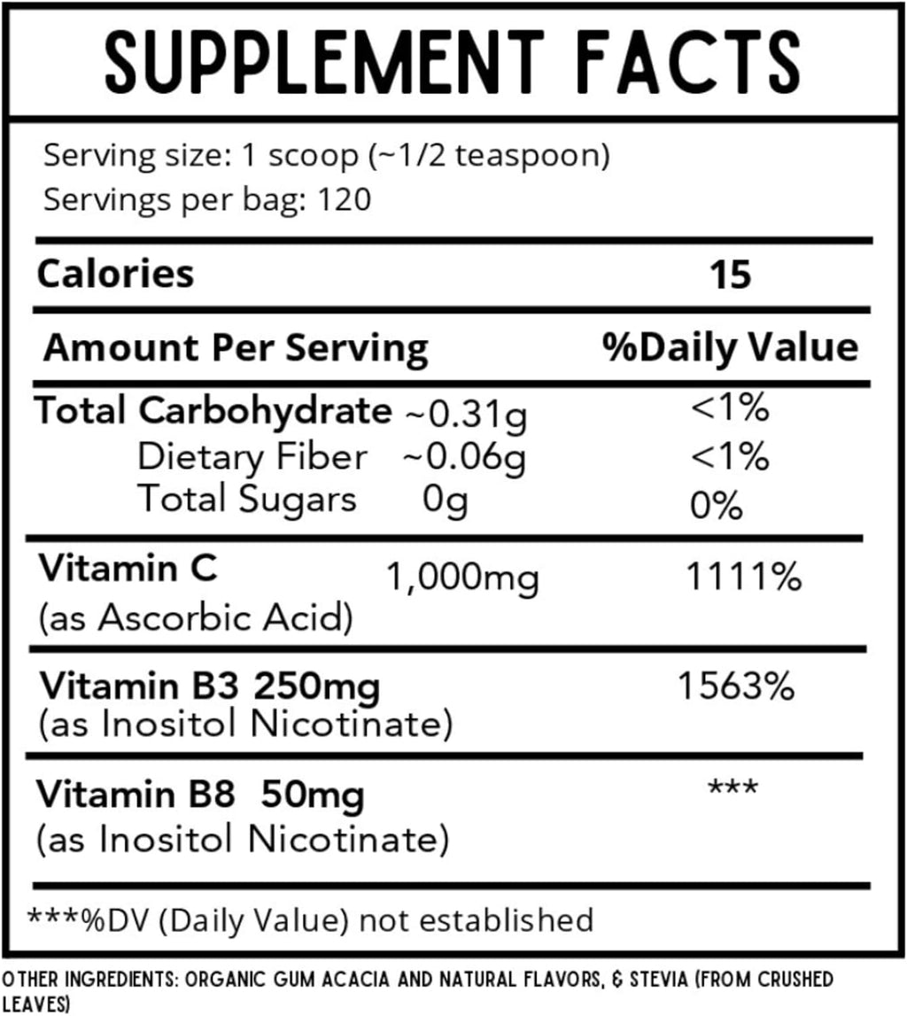 Revitalize Wellness Kids Defense Powder | Nueva fórmula, mejor sabor | Dosis ortomolecular de 1000 mg de vitamina C y 250 mg de B3 | Puro, sin maíz y sin OMG | Sabor a algodón de azúcar | 120 raciones