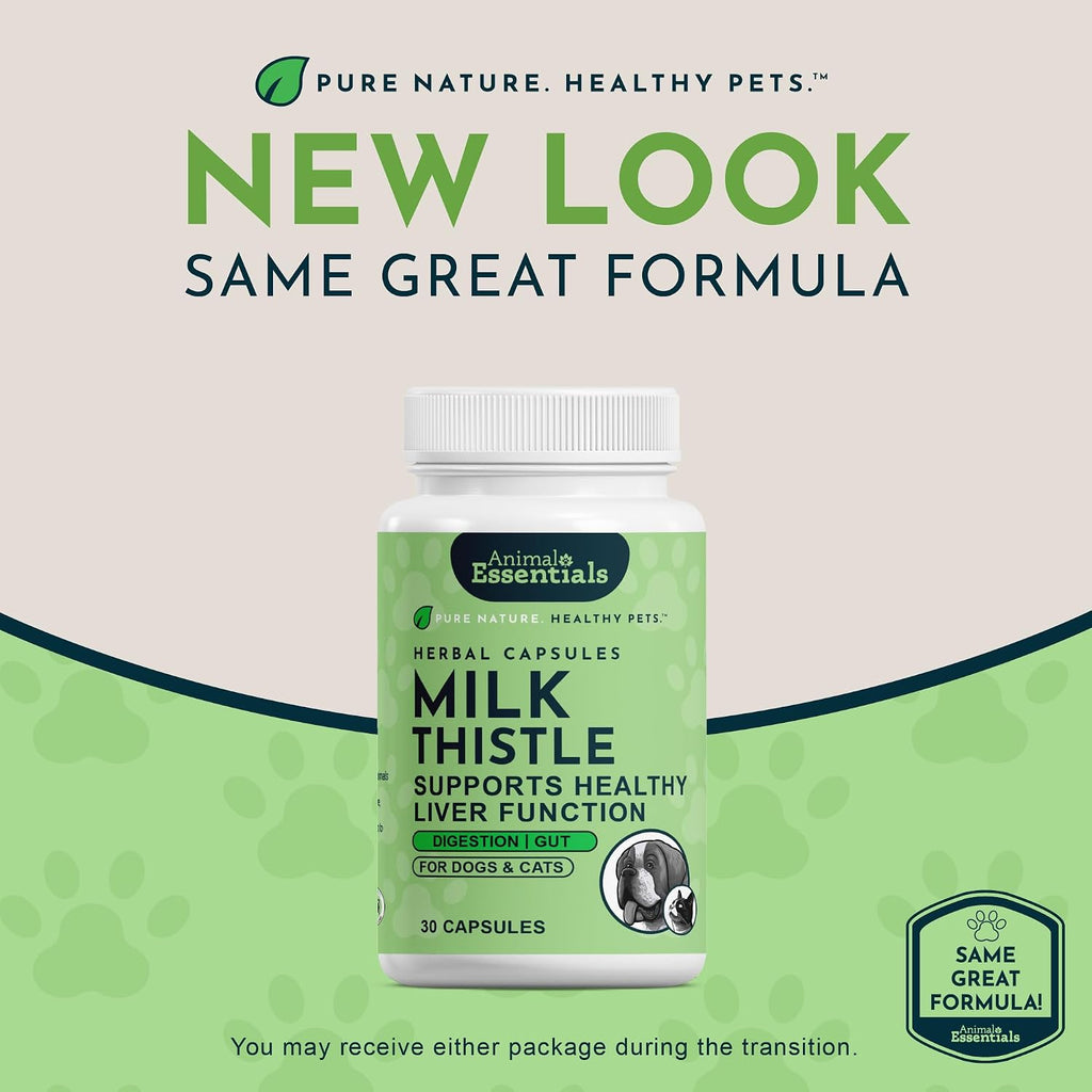 Animal Essentials Milk Thistle for Dogs and Cats - Liver Support, 150mg, Silymarin, Organic Herbal Capsules - 30 Count