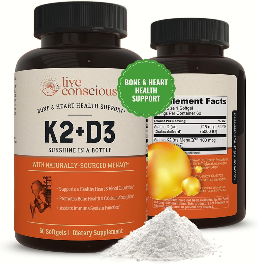 Live Conscious Vitamina K2 MK7 con D3 5000 UI - 60 Cápsulas Blandas