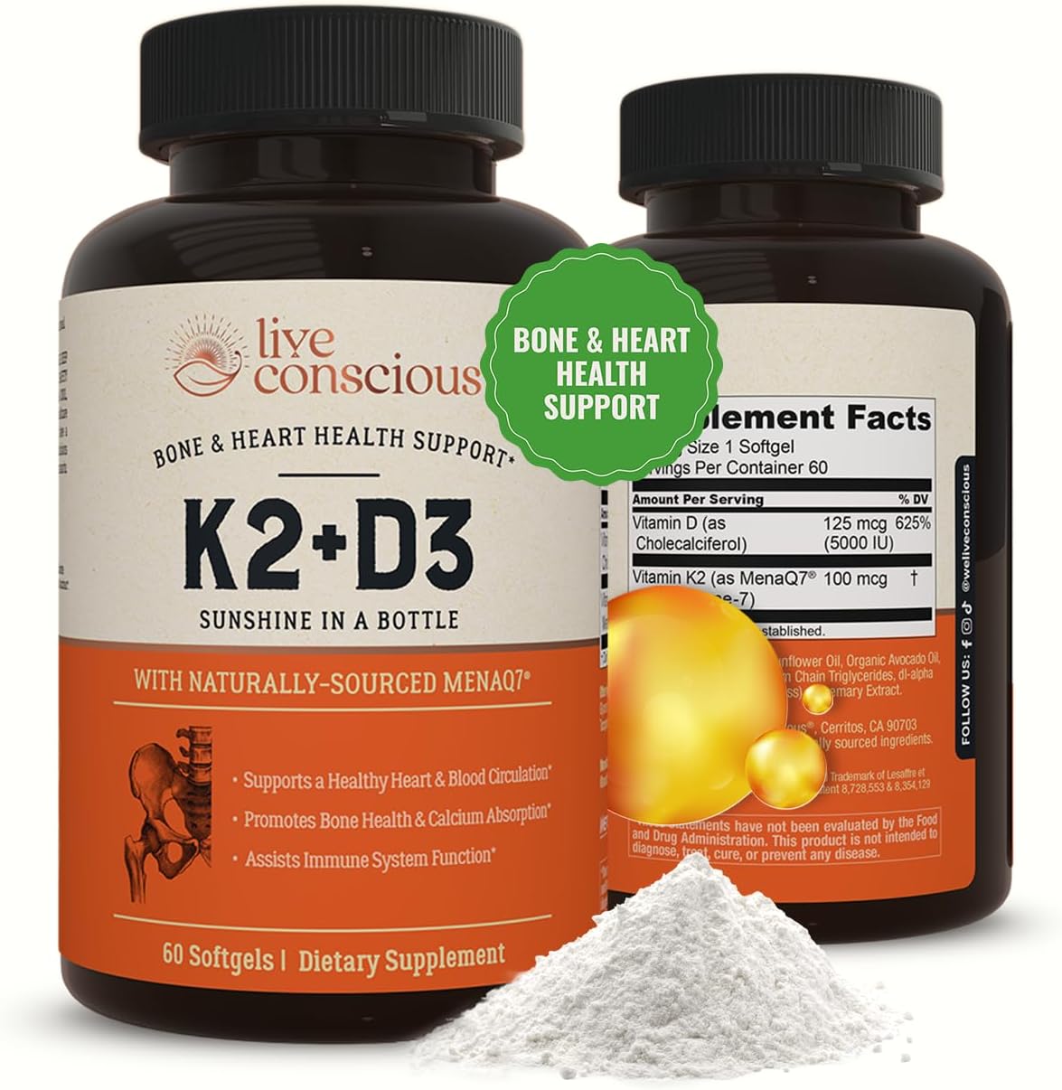 Live Conscious Vitamina K2 MK7 con D3 5000 UI - 60 Cápsulas Blandas