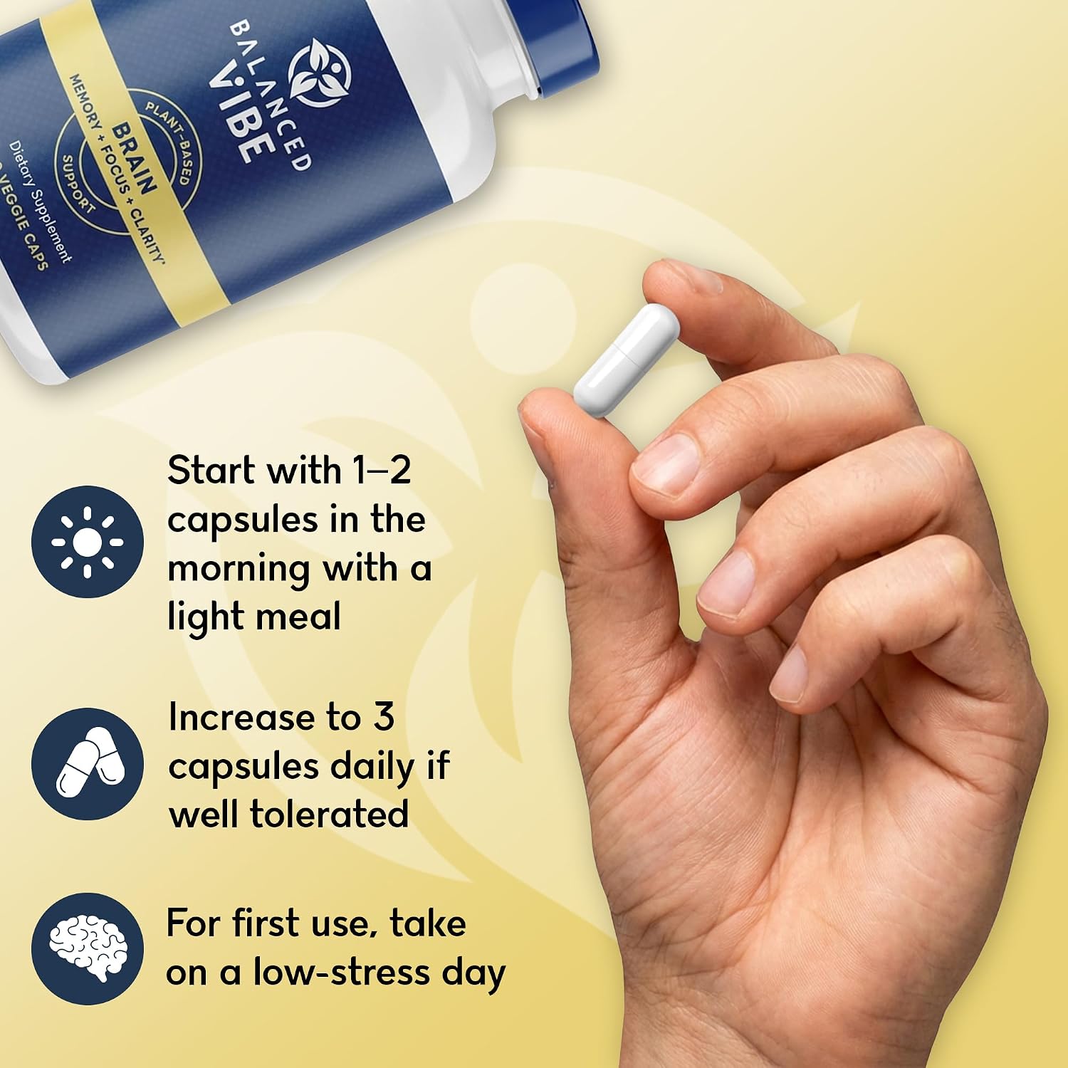 Balanced Vibe Brain Supplement 8 in 1 con Lion's Mane, Bacopa, Rhodiola, Ginkgo para Memoria, Enfoque y Claridad Mental, Sin Estimulantes, Vegano, 90 Cápsulas