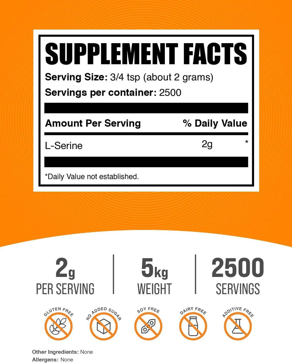BulkSupplements.com L-Serina en Polvo - Suplemento de Serina, Aminoácido en Polvo - Sin Sabor y Sin Gluten, 2g por Ración, 1kg (Pack de 5)