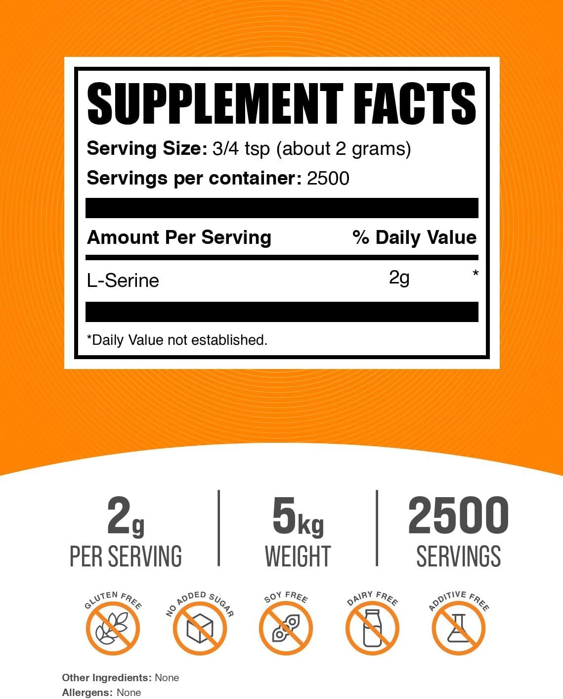BulkSupplements.com L-Serina en Polvo - Suplemento de Serina, Aminoácido en Polvo - Sin Sabor y Sin Gluten, 2g por Ración, 1kg (Pack de 5)