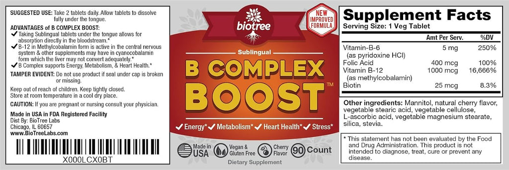 Vitamin B12 Sublingual B Complex - Complejo B con Metilcobalamina, B6, Biotina y Ácido Fólico - 90 Comprimidos