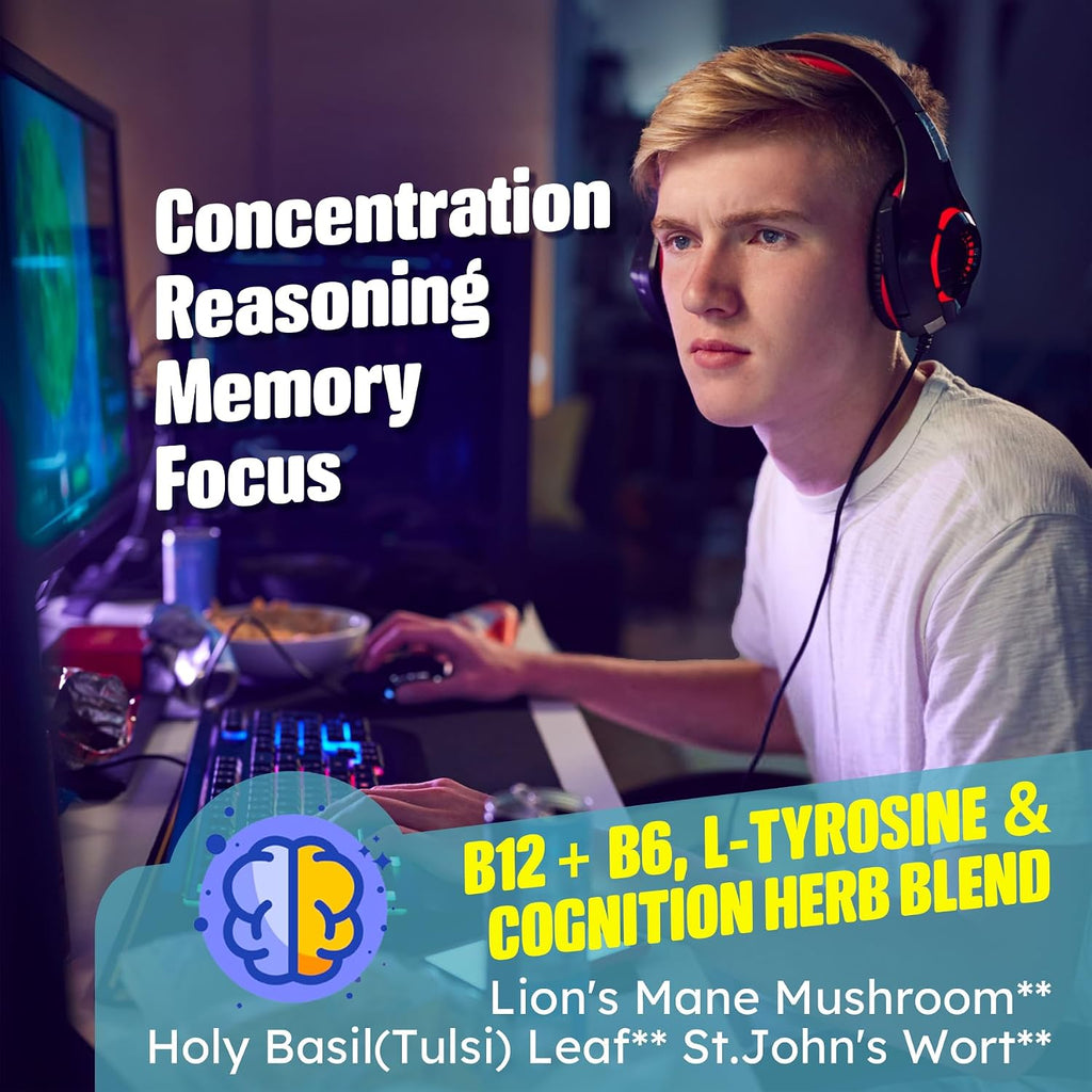 Gominolas Focus Memory & Energy - L-Tirosina + Metil B12 1000mcg, B6 50mg, D3, C, Melena de León, Ashwagandha - Complemento para la Memoria y Energía - 1 Pack