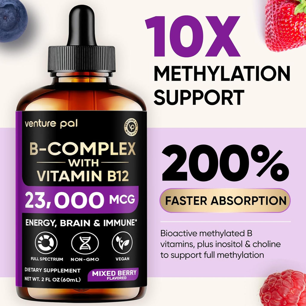 Venture Pal Vitamin B Complex Liquid Drops, B12 Metilcobalamina | B9 Fólico | B1,B2,B3,B5,B6,B7 - Vitamina C, Colina, Inositol, Apoyo Inmunológico y Metabolismo Energético, Cerebro y Corazón