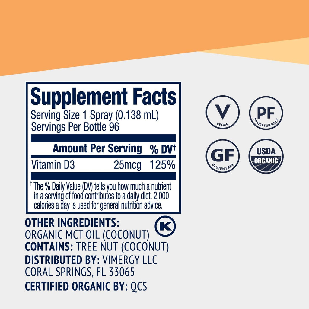 Vimergy Vitamina D3 Vegana - 1000 UI por Dosis, 96 Dosis - Líquido Orgánico