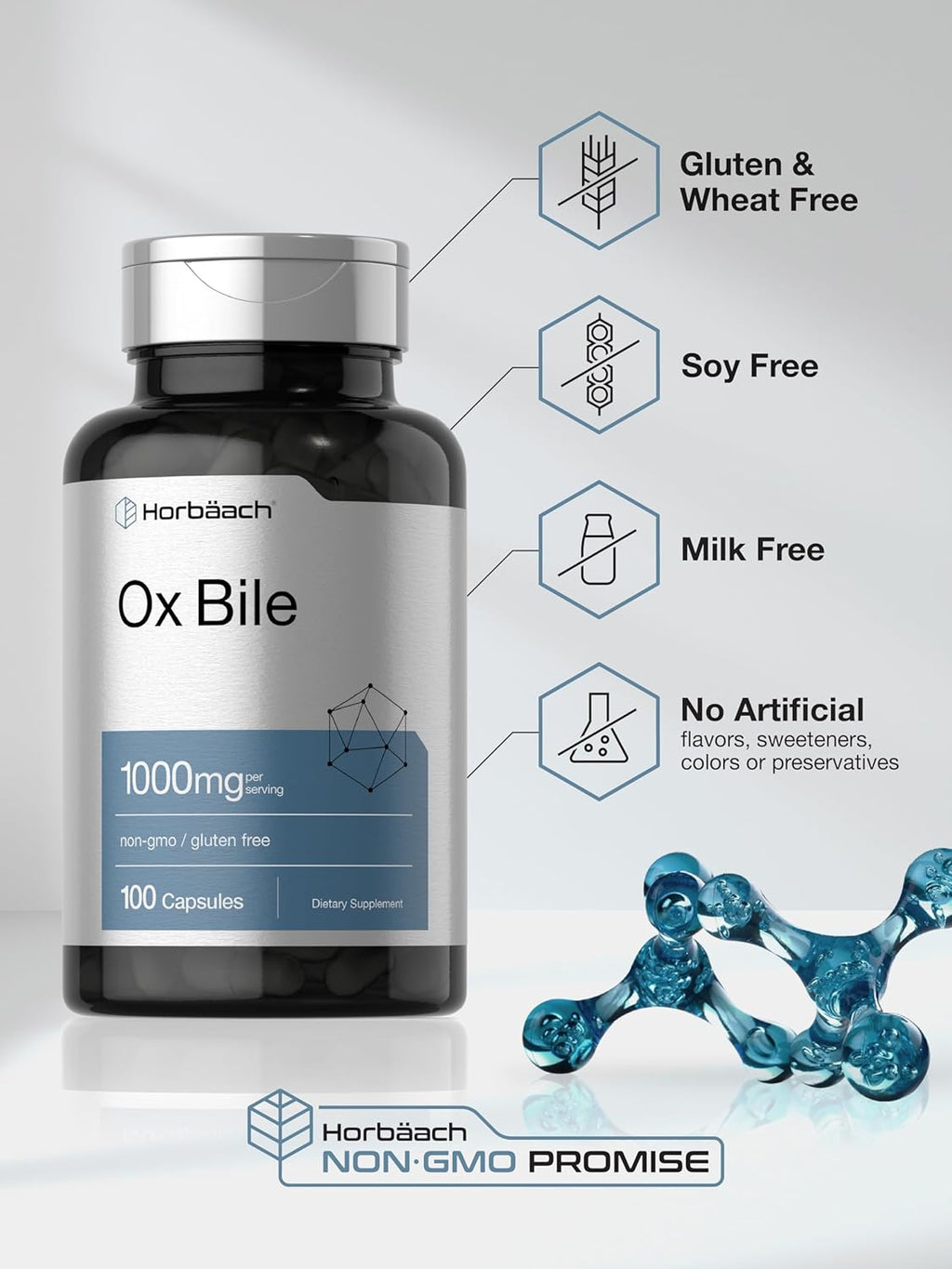 Horbäach Suplemento de Bilis de Buey | 1000mg | 100 Cápsulas | Digestivo Enzimático | No-GMO y Sin Gluten