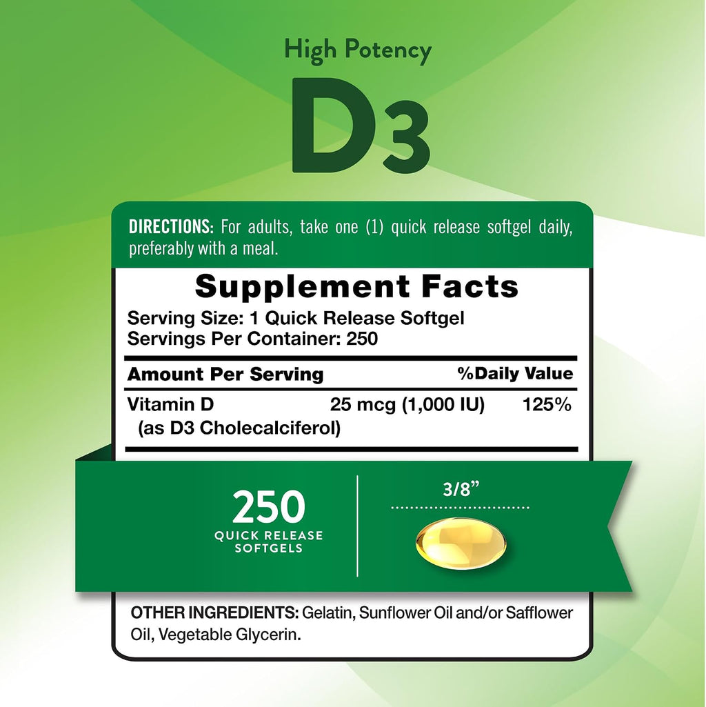 Nature's Truth Vitamina D3 1000 UI - 250 Cápsulas Blandas - Suplemento Esencial de Vitamina D - Sin OGM y Sin Gluten