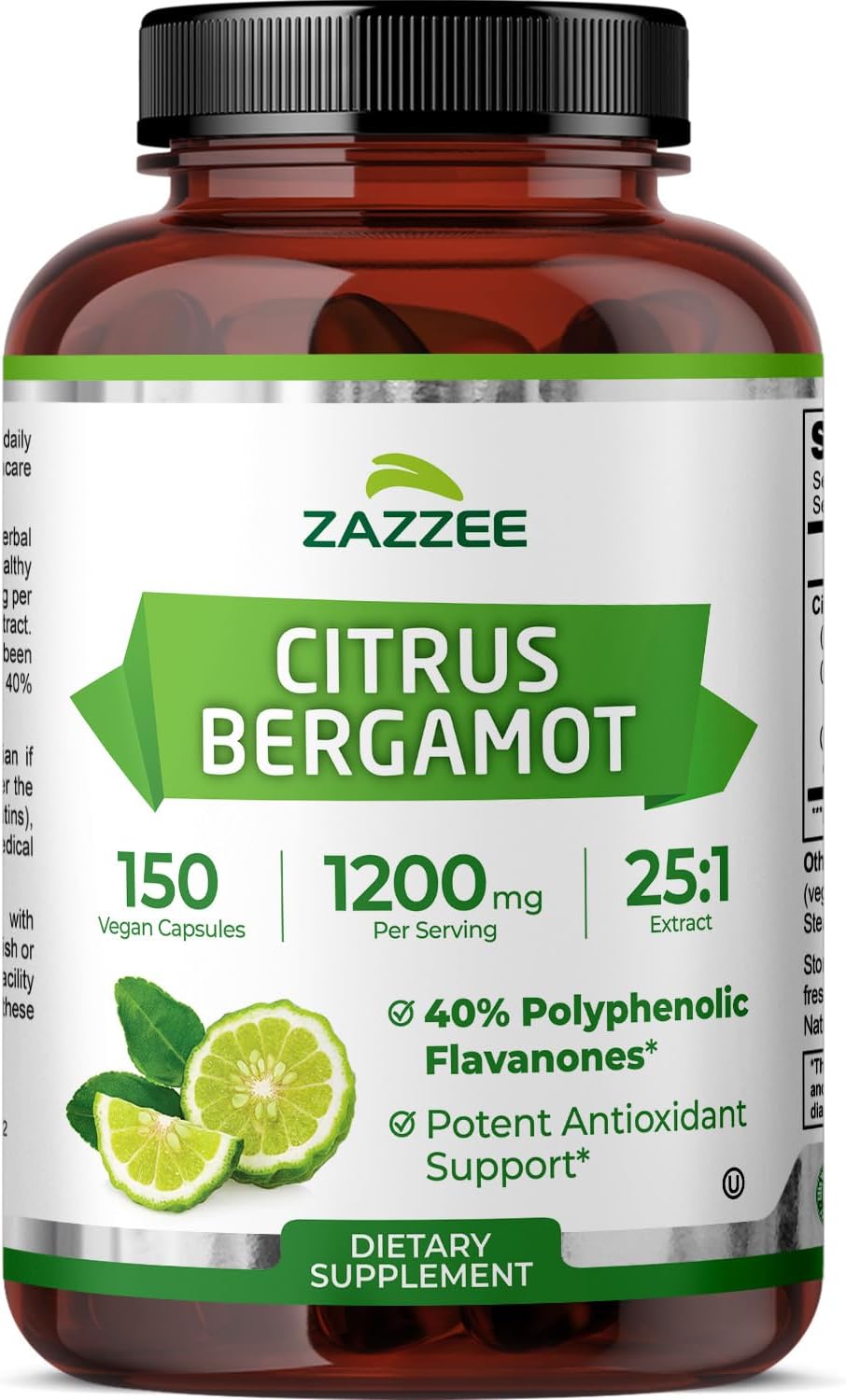 Zazzee Extracto de Bergamota Cítrica 25:1 - 1200 mg, 40% Flavanonas Polifenólicas, 150 Cápsulas Veganas