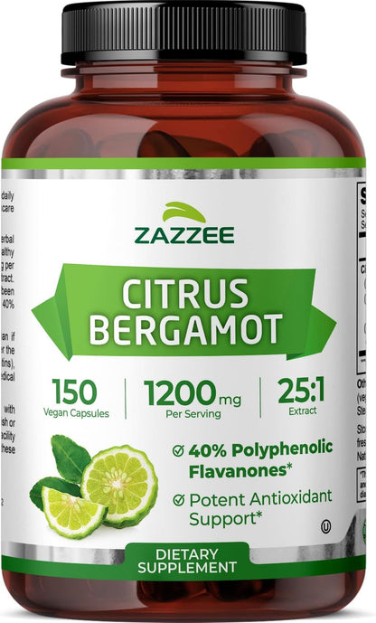 Zazzee Extracto de Bergamota Cítrica 25:1 - 1200 mg, 40% Flavanonas Polifenólicas, 150 Cápsulas Veganas – Image 1