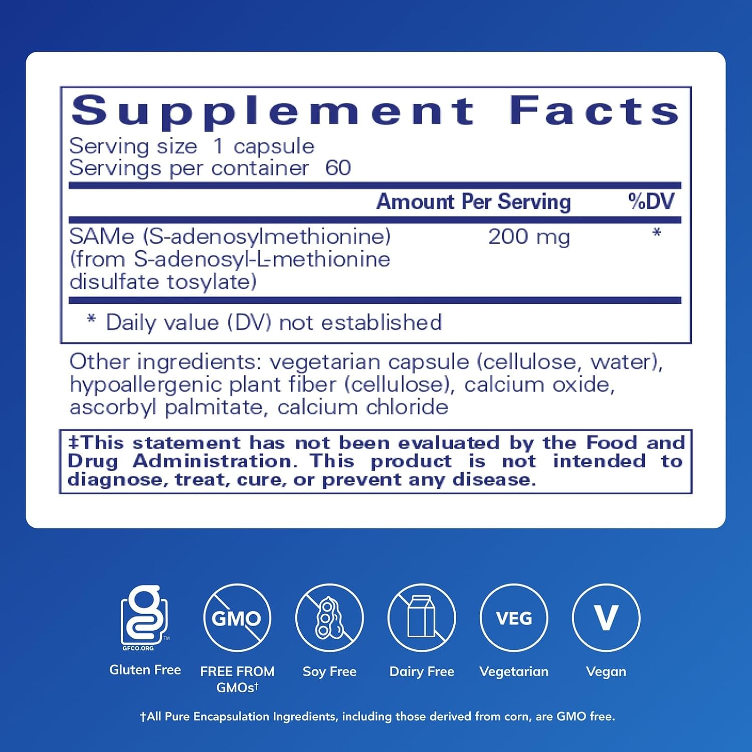 Pure Encapsulations SAMe S-Adenosilmetionina 200 mg - 60 Cápsulas - Apoyo Articular y Producción de Glutatión - Sin Gluten y No GMO