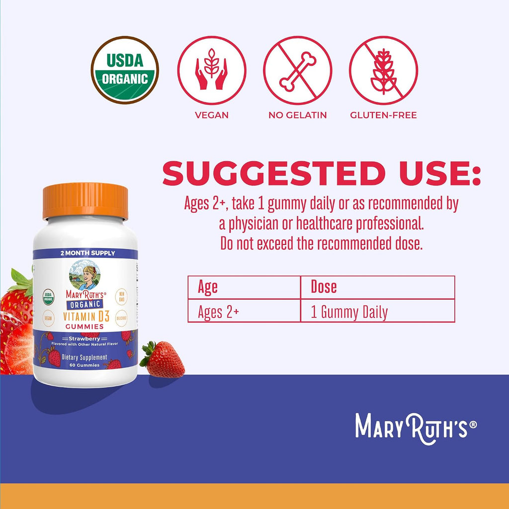 MaryRuth's Gominolas Orgánicas de Vitamina D3 | 1000 IU | USDA Orgánico | Vegano | Sin Gluten | 60 gominolas