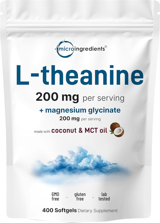 L-Theanine 200mg con Magnesio Glicinato, 400 Softgels con Aceite MCT de Coco | Complejo 2 en 1 de Aminoácido y Mineral
