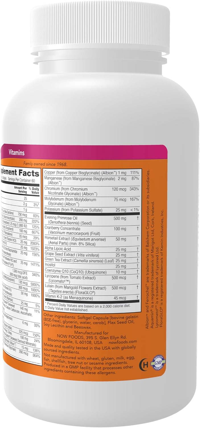 NOW Foods Eve™ Multivitamínico para Mujeres con Onagra, Arándano, Té Verde, Cola de Caballo y CoQ10, 180 Cápsulas Blandas
