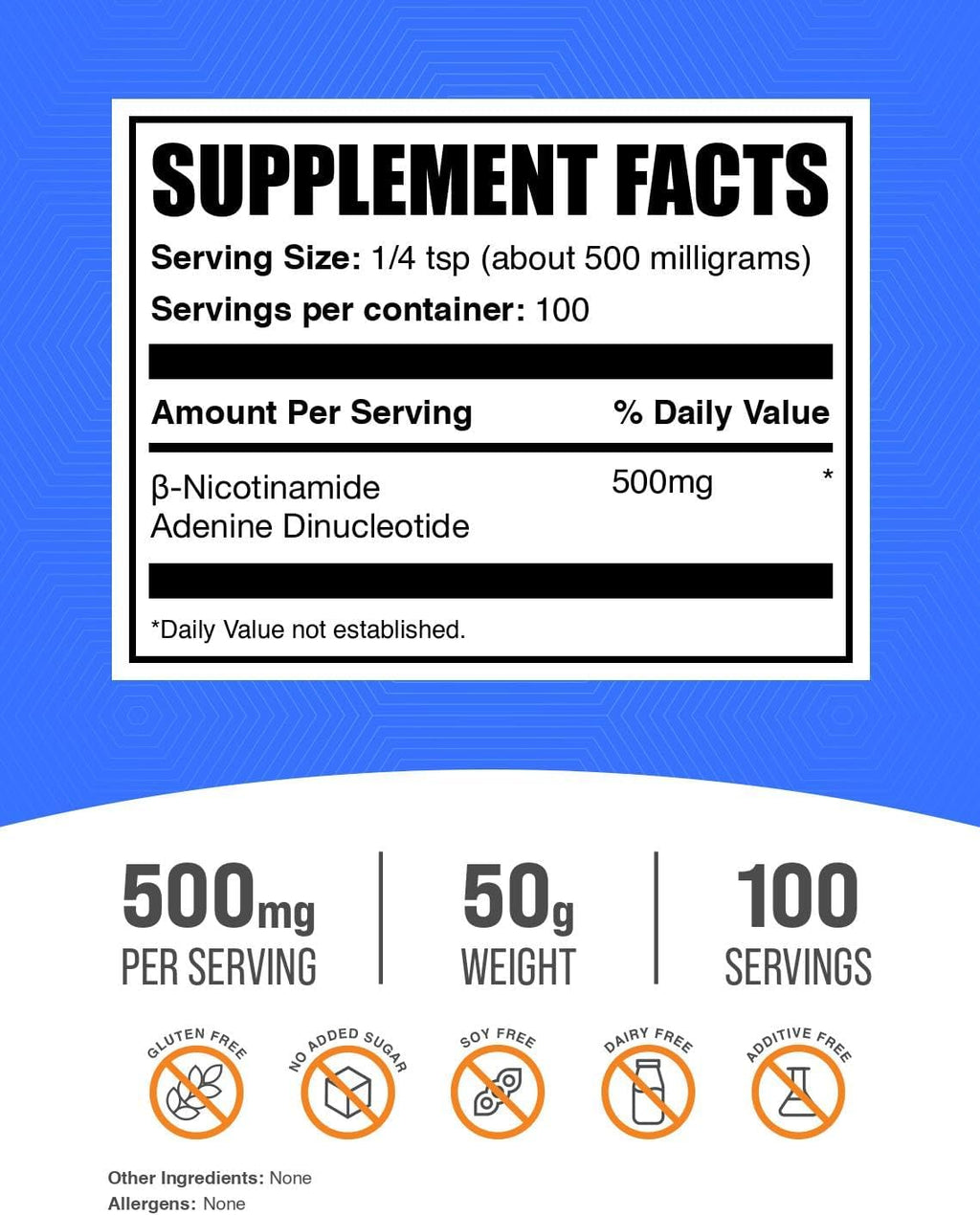 NAD en Polvo (Nicotinamida Adenina Dinucleótido) 500mg - Apoyo Energético, 50g - BulkSupplements