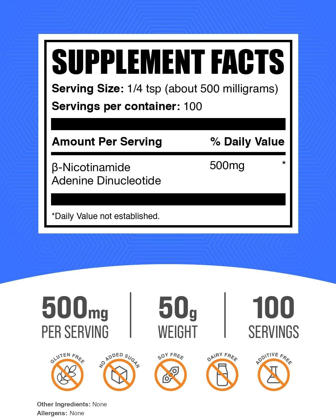 NAD en Polvo (Nicotinamida Adenina Dinucleótido) 500mg - Apoyo Energético, 50g - BulkSupplements