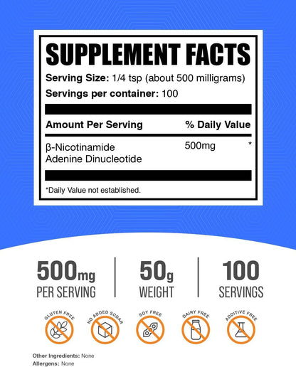NAD en Polvo (Nicotinamida Adenina Dinucleótido) 500mg - Apoyo Energético, 50g - BulkSupplements – Image 2