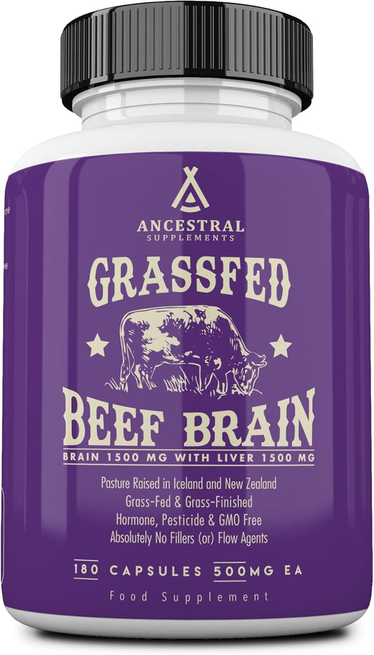 Ancestral Supplements Suplemento de Cerebro e Hígado de Vaca Alimentada con Pasto, 180 Cápsulas