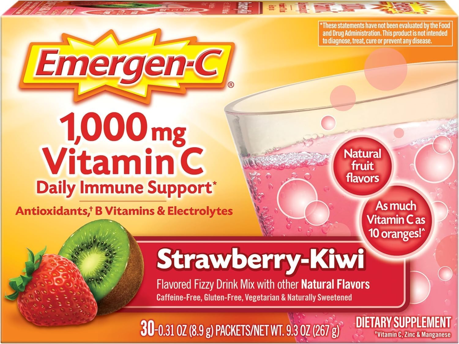 Emergen-C Vitamina C 1000mg Polvo, Sabor Fresa Kiwi, 60 Sobres