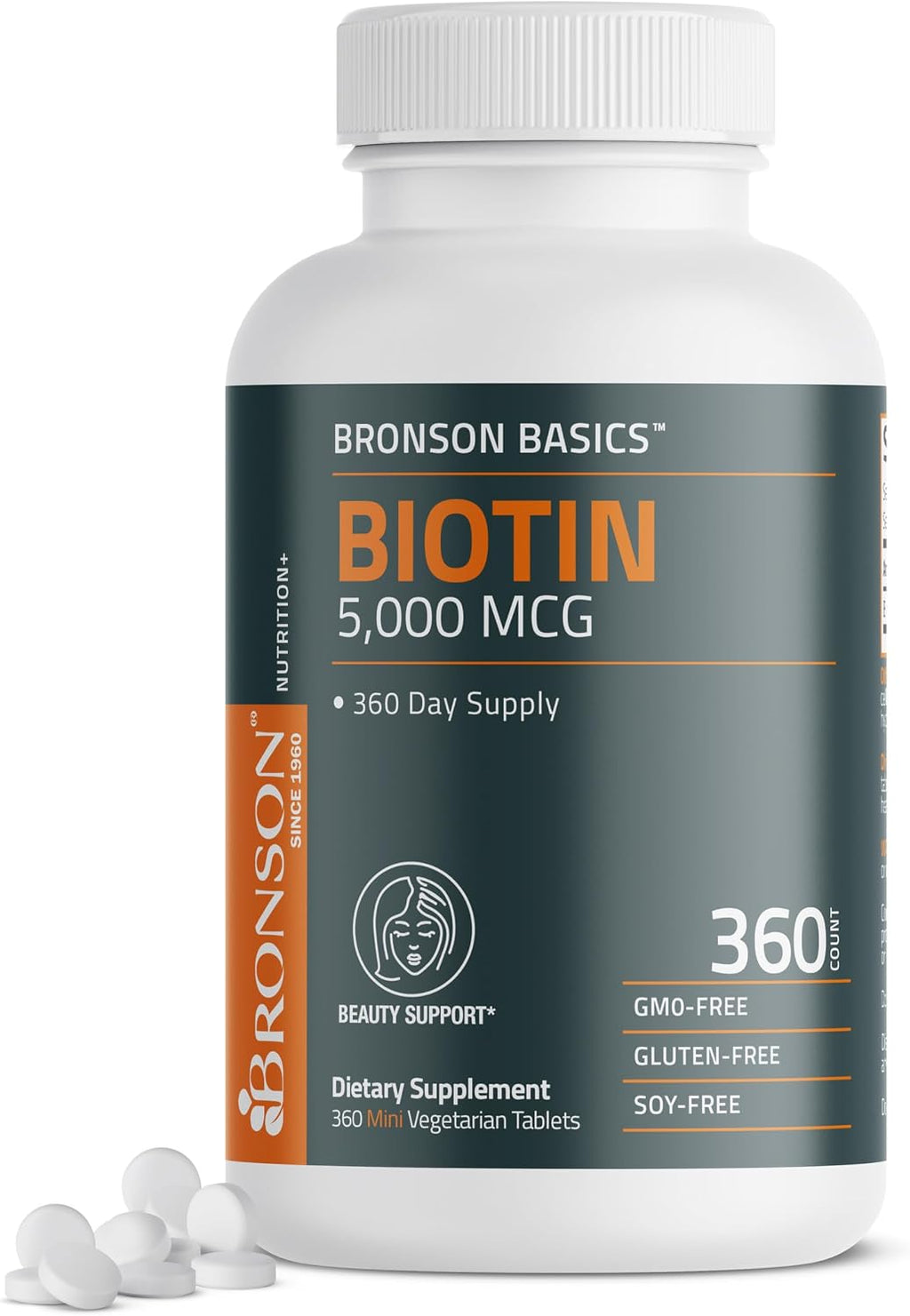 Bronson Biotina 5000 mcg - 360 Comprimidos Vegetarianos - Apoyo para Cabello, Piel y Uñas