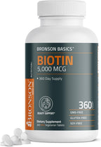 Bronson Biotina 5000 mcg - 360 Comprimidos Vegetarianos - Apoyo para Cabello, Piel y Uñas