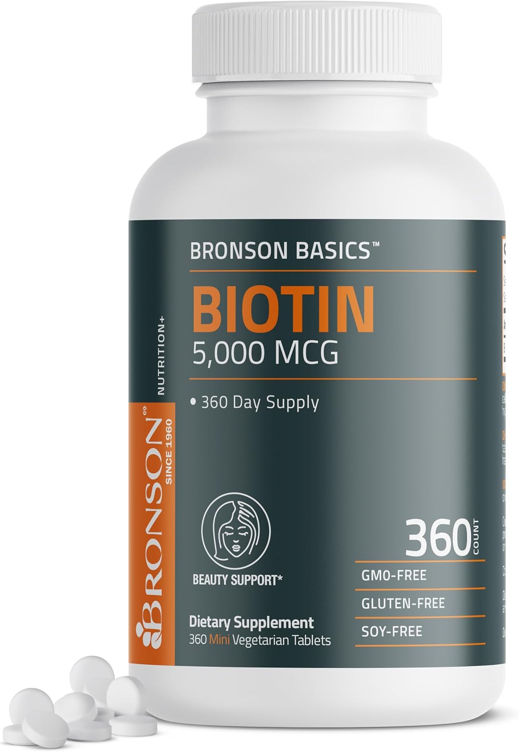 Bronson Biotina 5000 mcg - 360 Comprimidos Vegetarianos - Apoyo para Cabello, Piel y Uñas