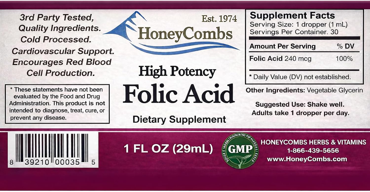 HoneyCombs Gotas de Vitamina B9 (Ácido Fólico) – Suplemento Líquido de Folato, 30 ml