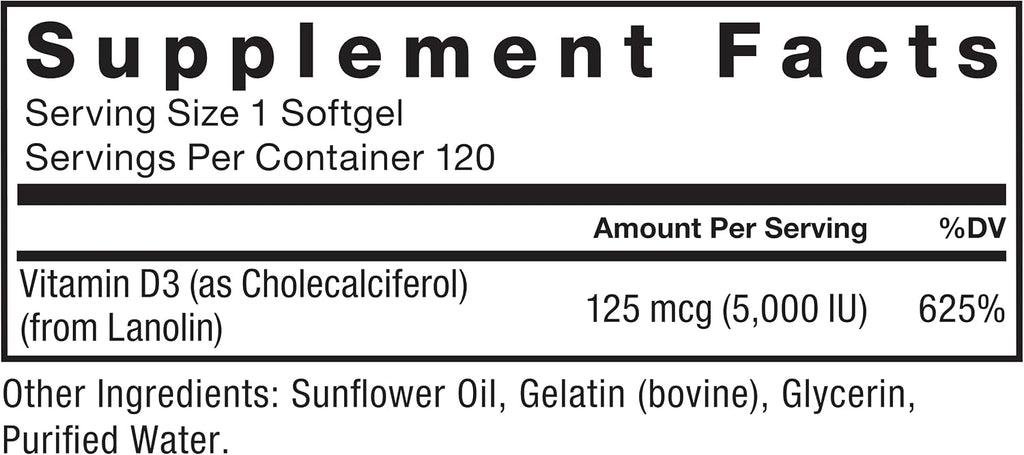 Force Factor Vitamina D3 5000 UI, 120 Cápsulas Blandas – Suplemento de Alta Potencia para Huesos e Inmunidad