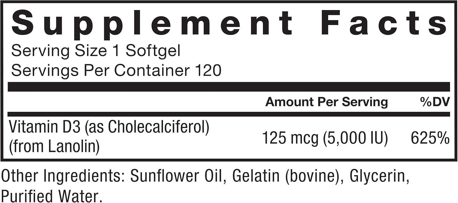 Force Factor Vitamina D3 5000 UI, 120 Cápsulas Blandas – Suplemento de Alta Potencia para Huesos e Inmunidad