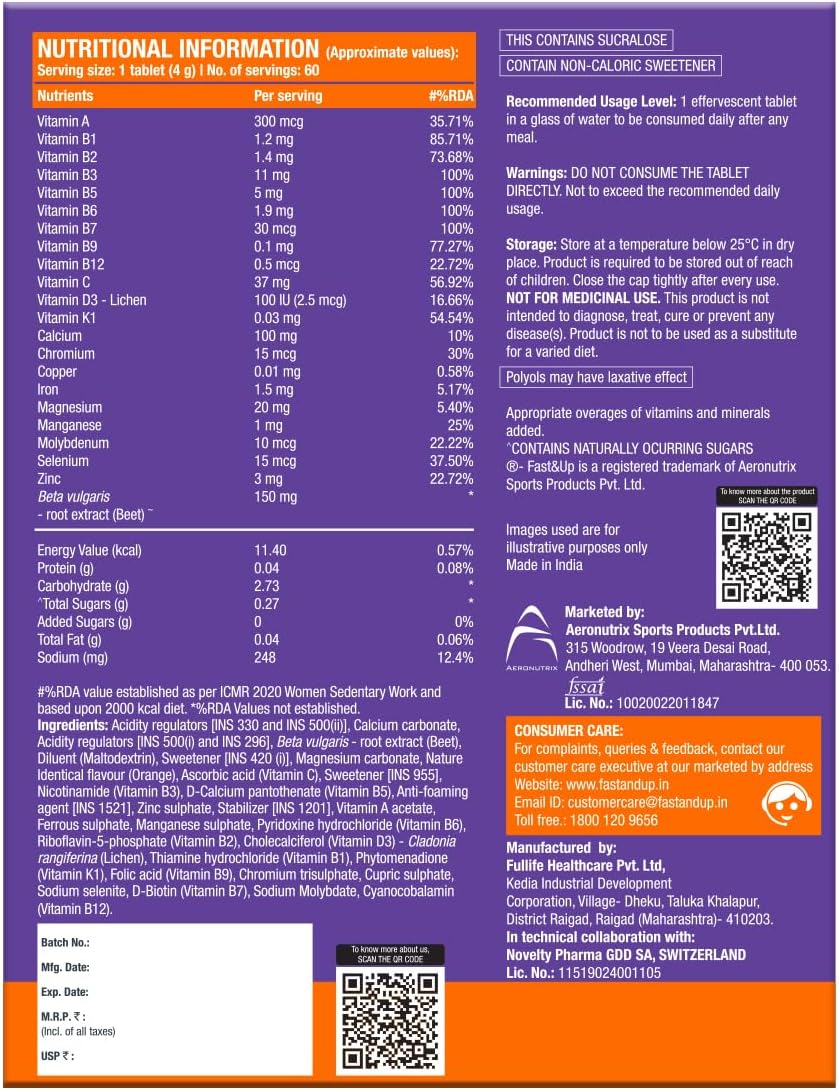 Fast & Up Vitalize Multivitamínico Efervescente - 21 Vitaminas y Minerales - 60 Comprimidos - Sabor Naranja