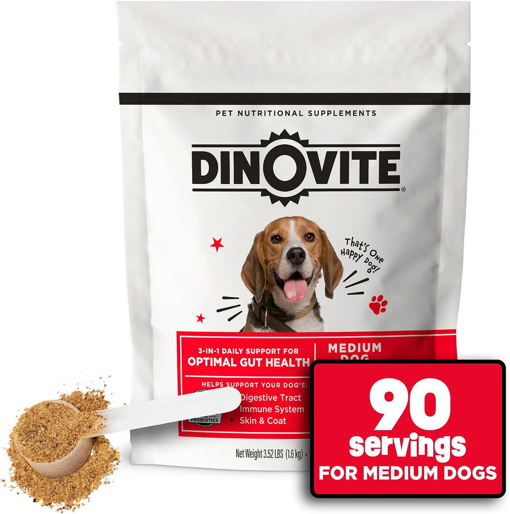 Dinovite Probióticos para Perros Pequeños – Polvo para Salud Digestiva y Piel con Omega-3, 90 Dosis