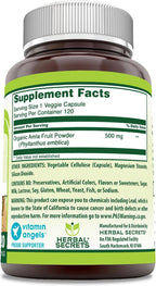 Herbal Secrets Suplemento de Amla - 500 mg por Porción - 120 Cápsulas Vegetales