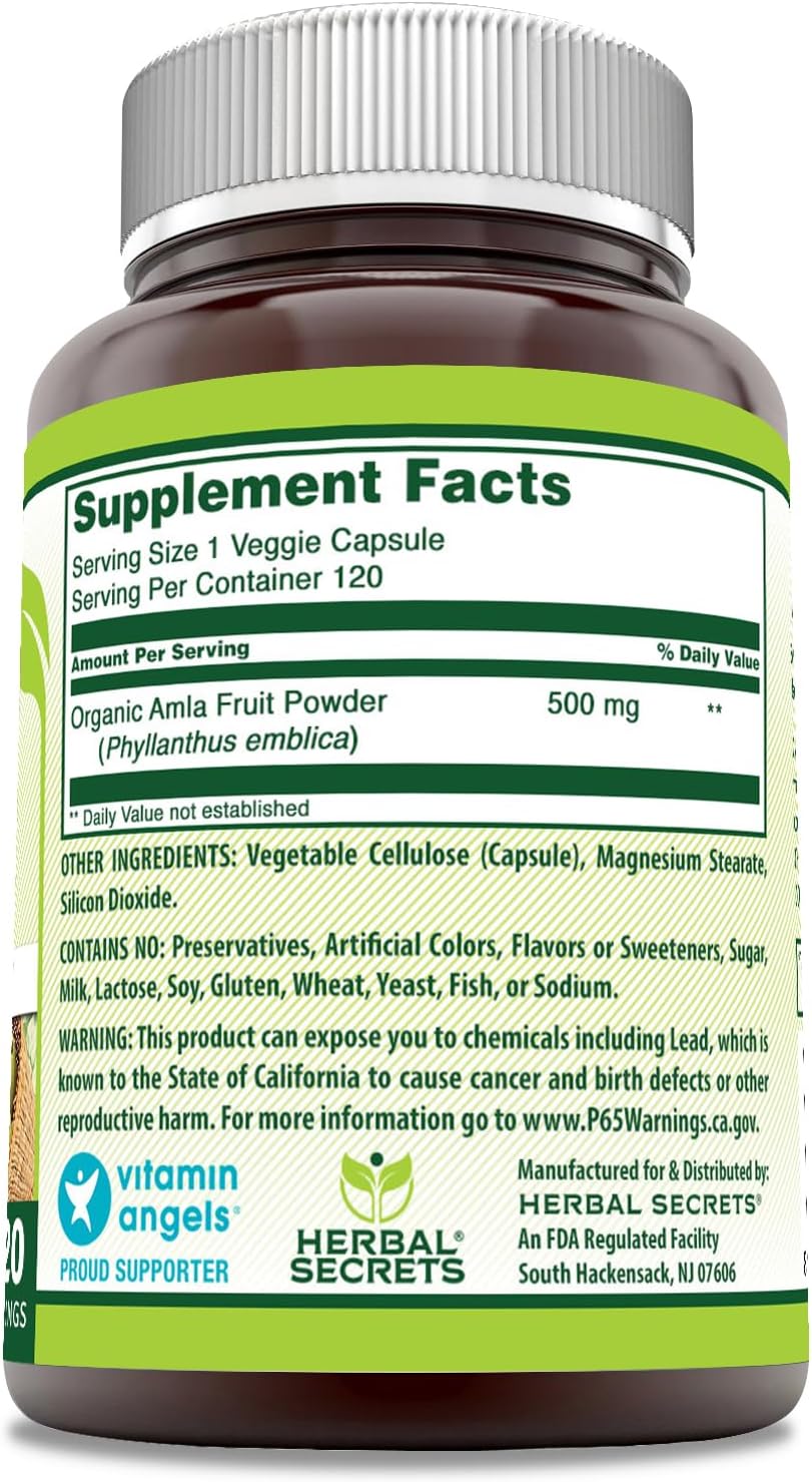 Herbal Secrets Suplemento de Amla - 500 mg por Porción - 120 Cápsulas Vegetales