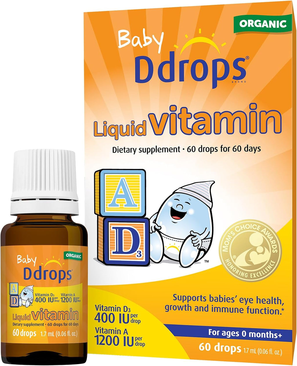 Ddrops® Baby Orgánico Gotas de Vitaminas A y D para Bebés, 60 Gotas